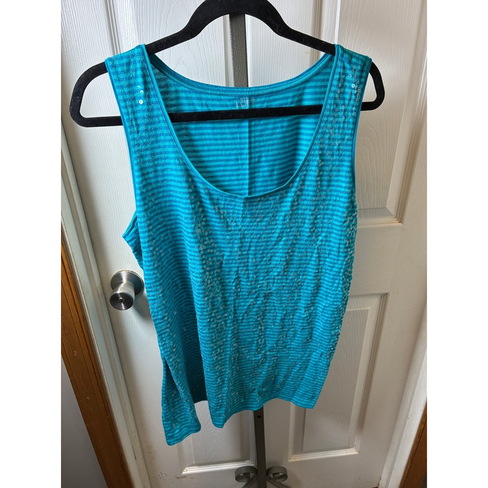 Ann Taylor LOFT Turquoise Striped Sequin Tank Top Womens XL Blue  Scoop Neck